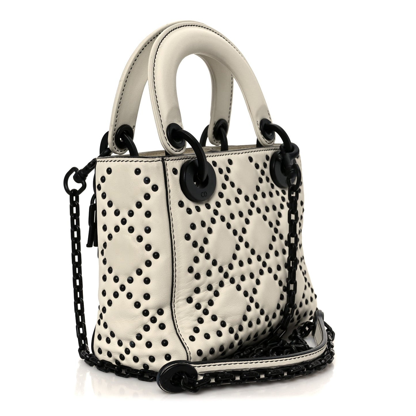 Christian Dior Ultra Matte Calfskin Studded Mini Supple Lady Dior White Black