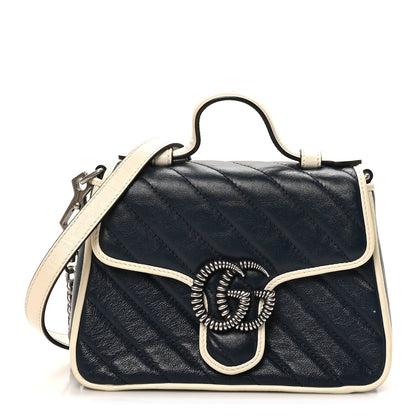 Gucci Vintage Effect Calfskin Matelasse Diagonal Mini Torchon GG Marmont Top Handle Shoulder Bag Blue Agata Mystic White