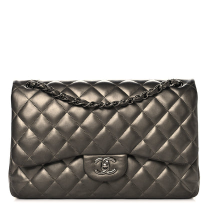 Chanel Metallic Lambskin Quilted Jumbo Double Flap Pewter