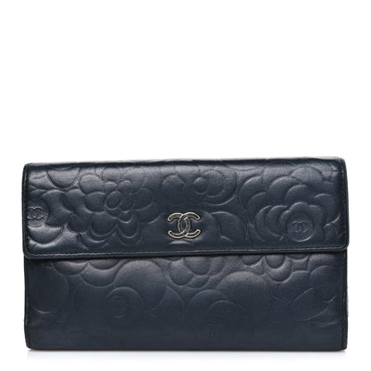 Chanel Lambskin Camellia Embossed Long Double Wallet Black
