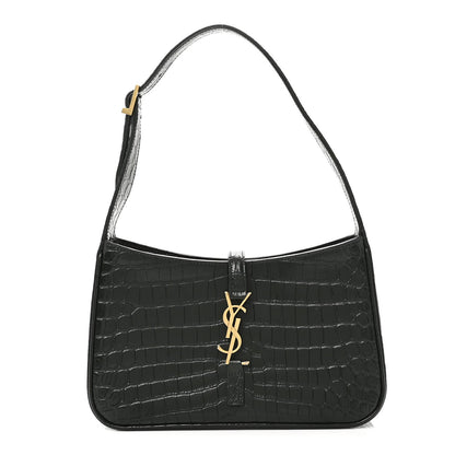 Saint Laurent Calfskin Crocodile Embossed Le 5 A 7 Hobo Dark Green Bottle