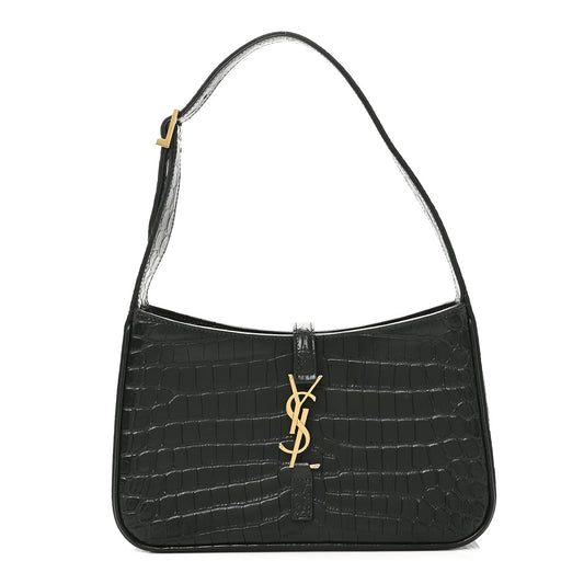 Saint Laurent Calfskin Crocodile Embossed Le 5 A 7 Hobo Dark Green Bottle