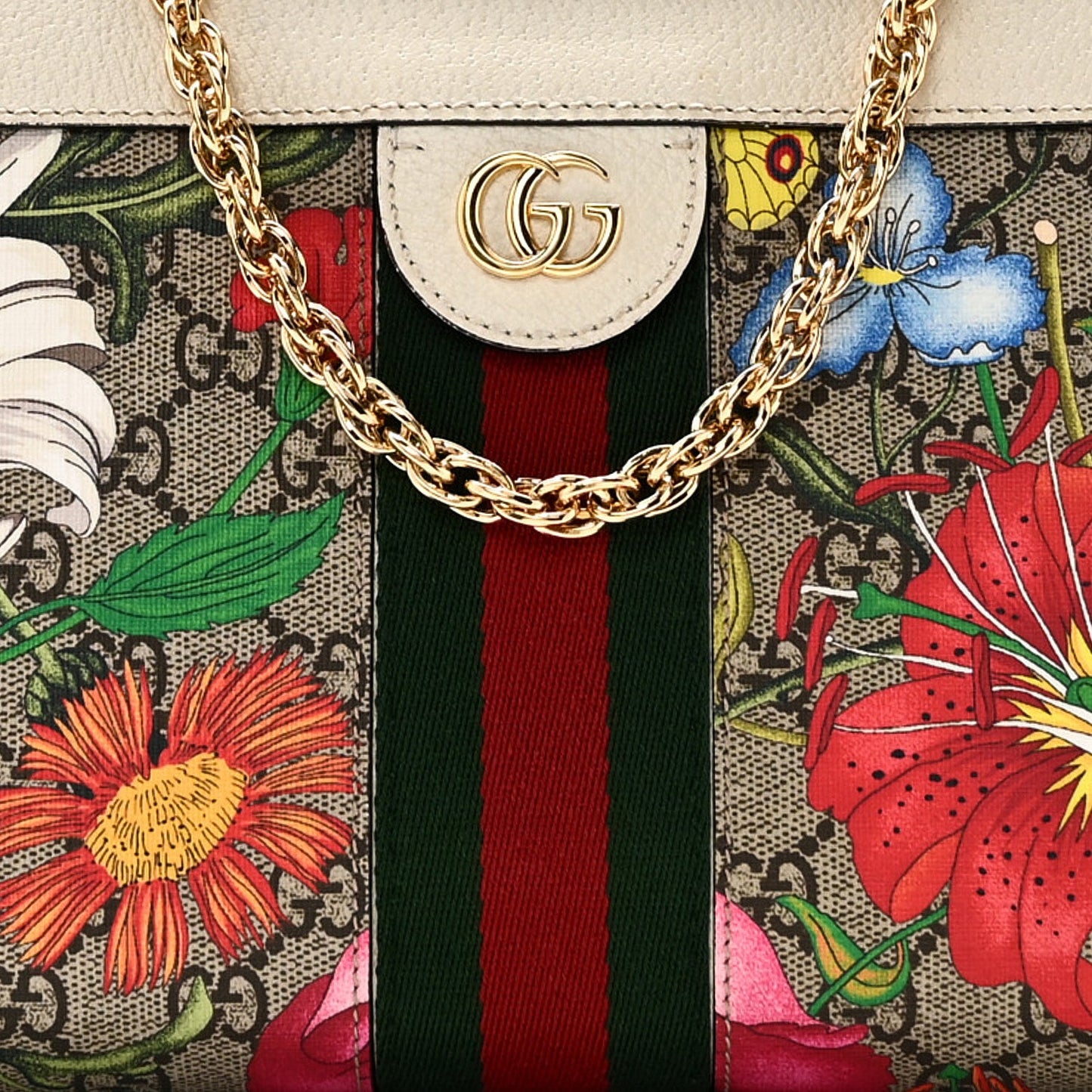 Gucci GG Supreme Monogram Flora Web Small Ophidia Chain Shoulder Bag White