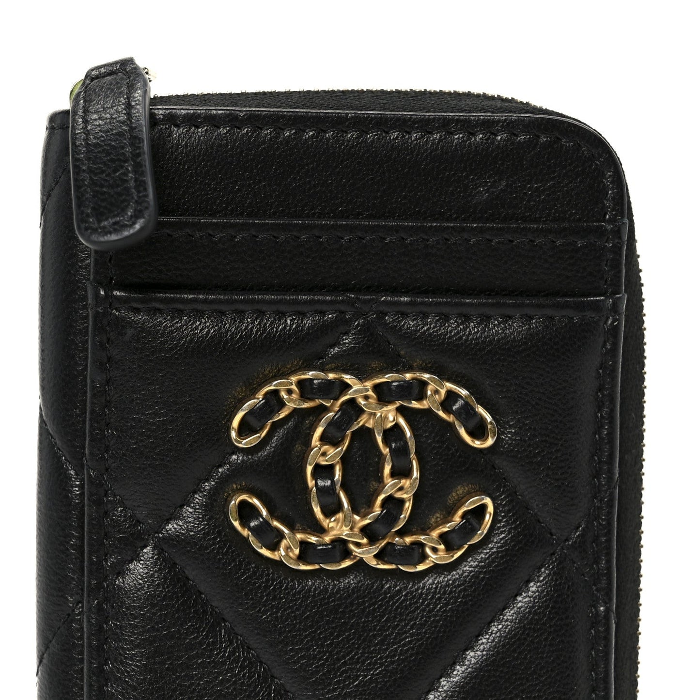 Chanel Lambskin Quilted Chanel 19 Vertical Zip Card Holder Wallet Black