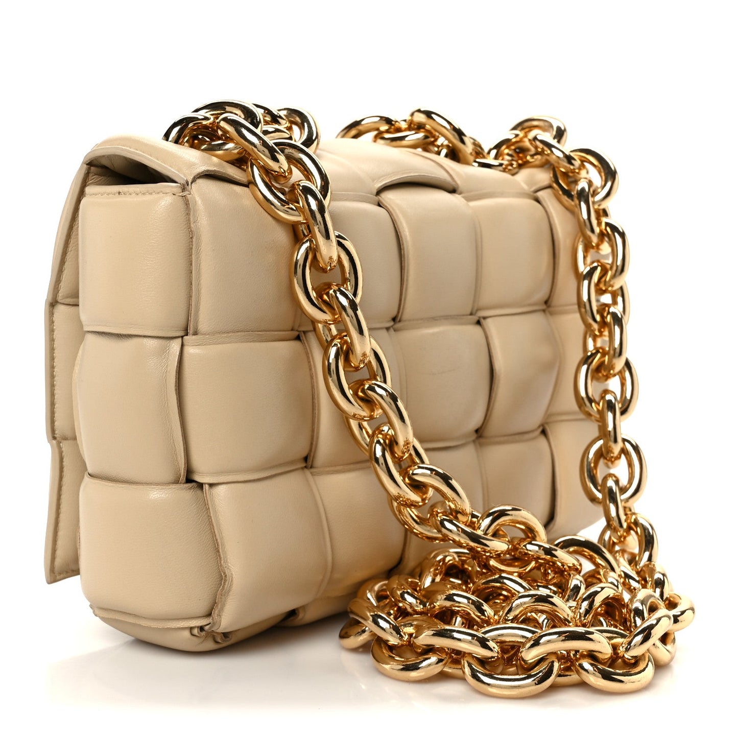 Bottega Veneta Lambskin Maxi Intreccio Padded Chain Cassette Crossbody Bag Porridge