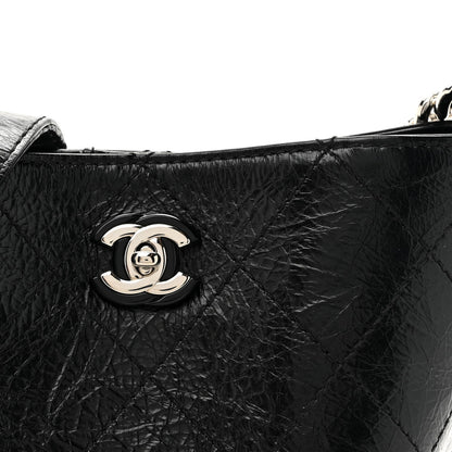 Chanel Crumpled Calfskin Quilted Chain Drawstring Bucket Bag Black