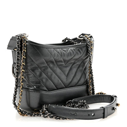 Chanel Metallic Aged Calfskin Chevron Quilted Small Gabrielle Hobo Dark Grey