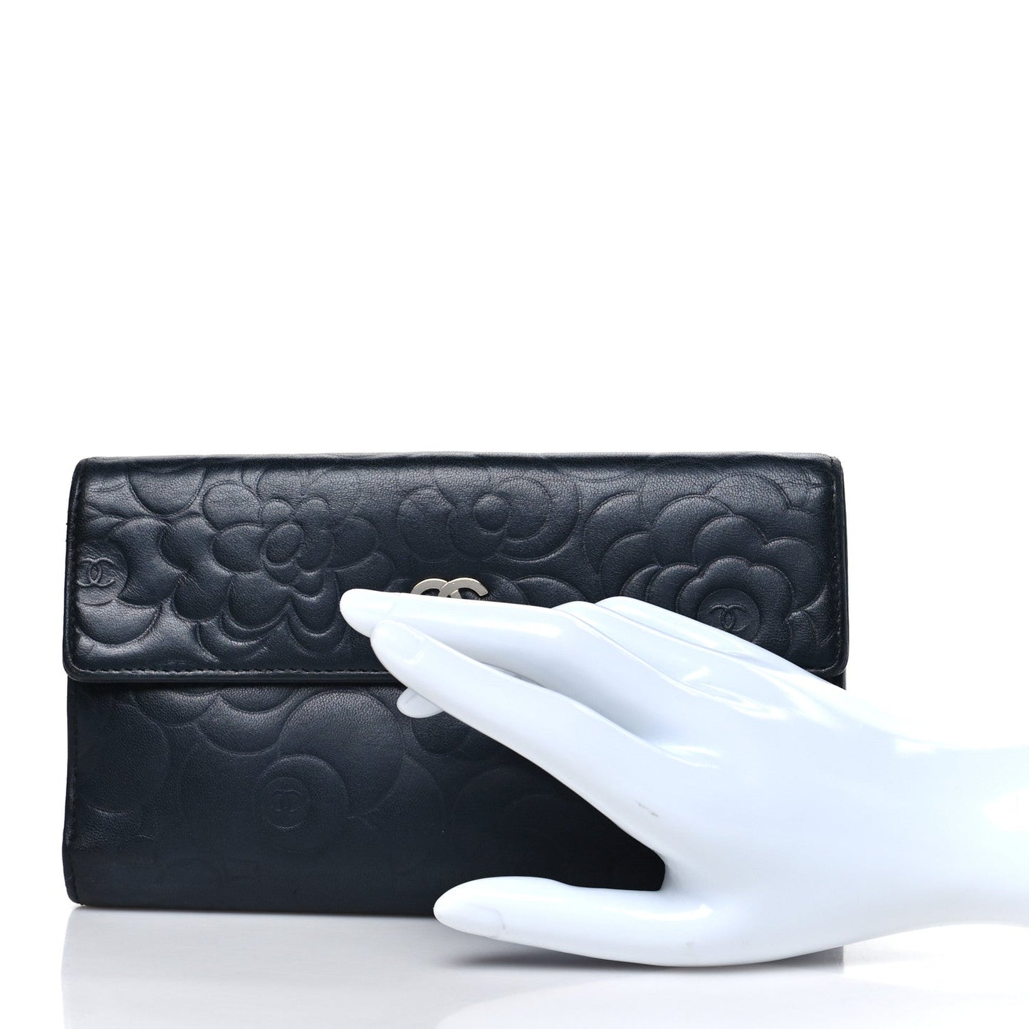 Chanel Lambskin Camellia Embossed Long Double Wallet Black