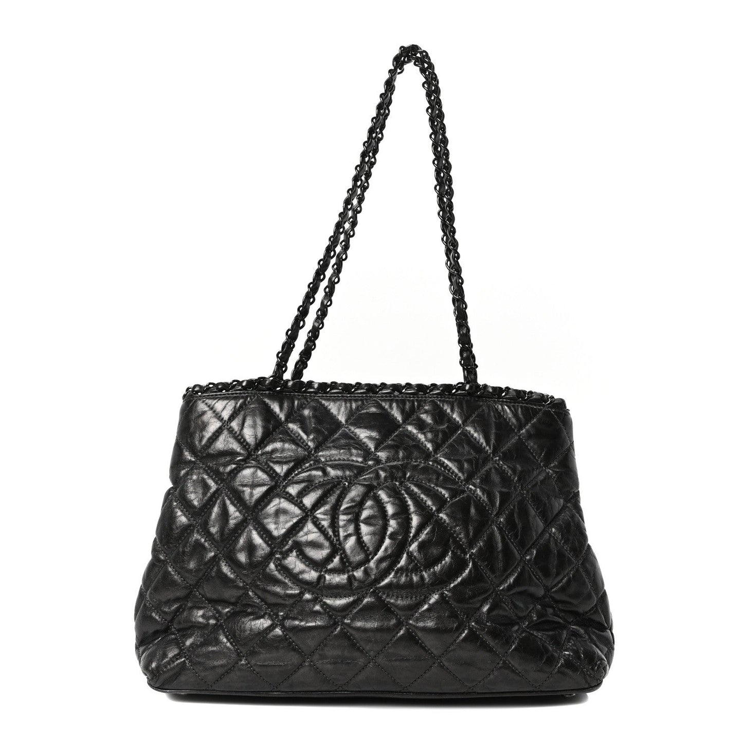 Chanel Metallic Aged Calfskin Quilted Small Chain Me Tote Dark Silver