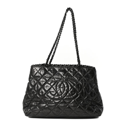 Chanel Metallic Aged Calfskin Quilted Small Chain Me Tote Dark Silver