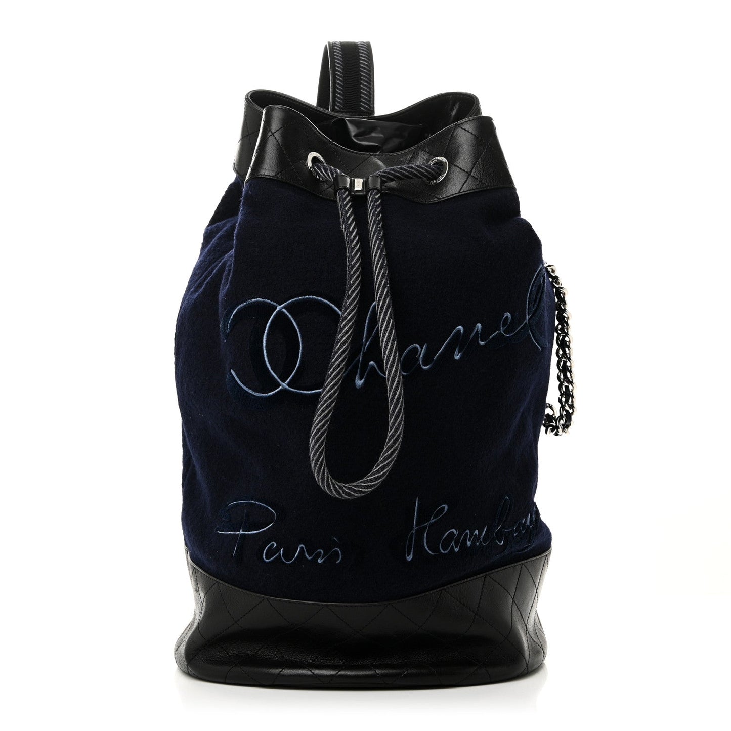 Chanel Wool Calfskin Embroidered Paris Hamburg Drawstring Backpack Navy Blue
