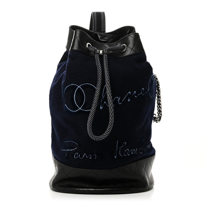 Chanel Wool Calfskin Embroidered Paris Hamburg Drawstring Backpack Navy Blue