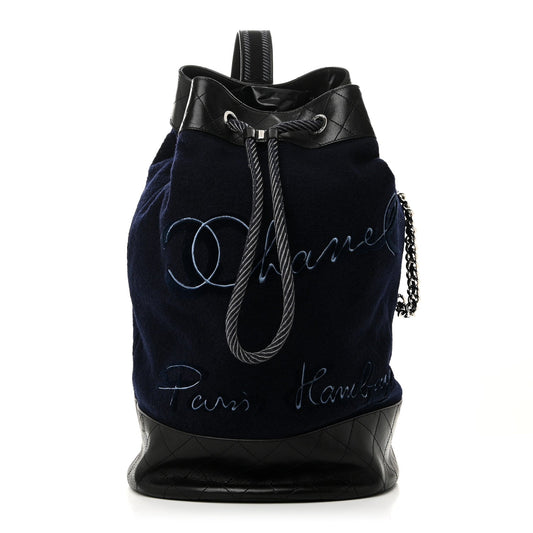 Chanel Wool Calfskin Embroidered Paris Hamburg Drawstring Backpack Navy Blue
