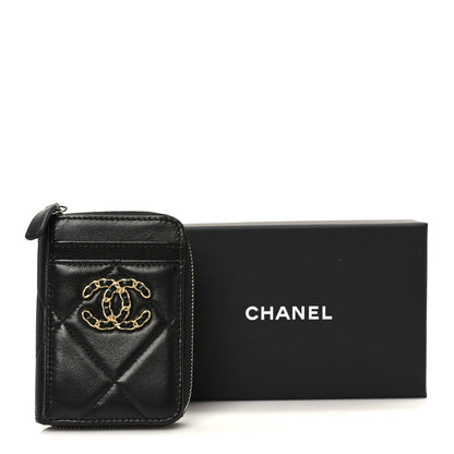Chanel Lambskin Quilted Chanel 19 Vertical Zip Card Holder Wallet Black