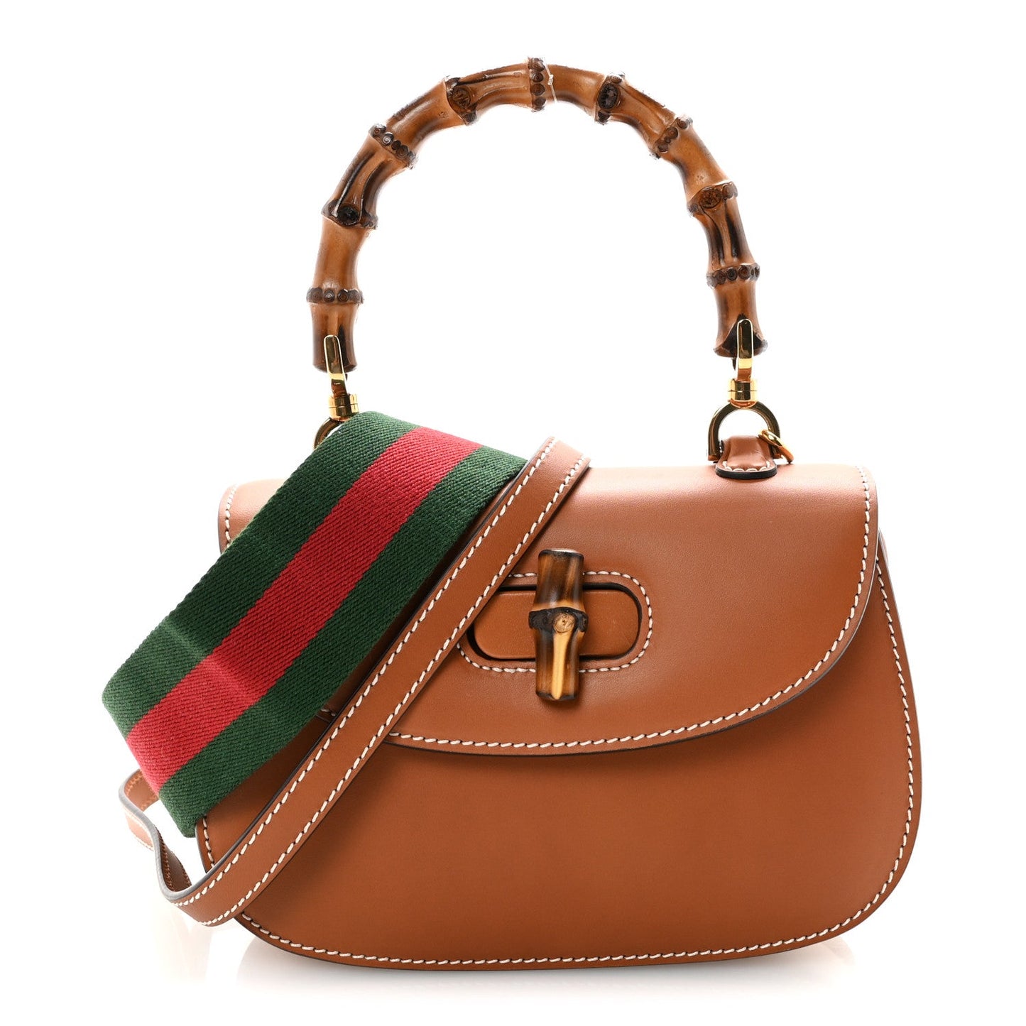 Gucci Boarded Dyana Lux Calfskin Web Small Bamboo 1947 Top Handle Bag Brown