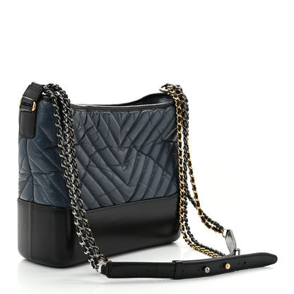 Chanel Aged Calfskin Chevron Quilted Medium Gabrielle Hobo Navy Black