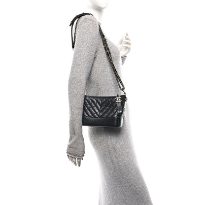 Chanel Aged Calfskin Chevron Quilted Small Gabrielle Hobo Black