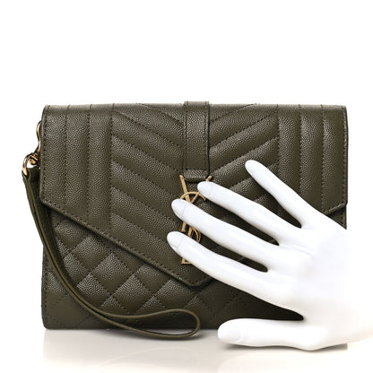 Saint Laurent Grain De Poudre Textured Mixed Matelasse Triquilt Monogram Clutch Vert Kaki