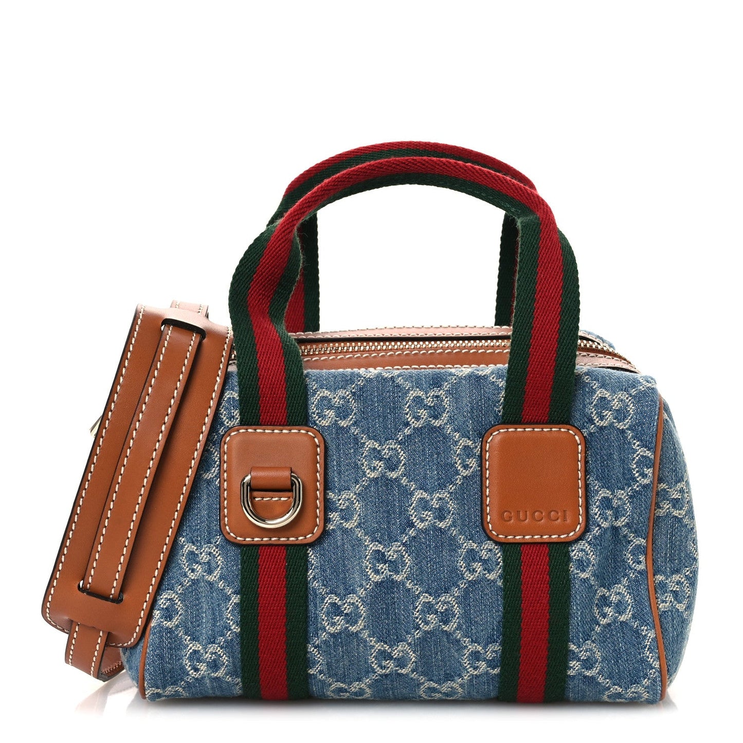Gucci GG Denim Calfskin Web Mini GG Top Handle Bag Light Blue White