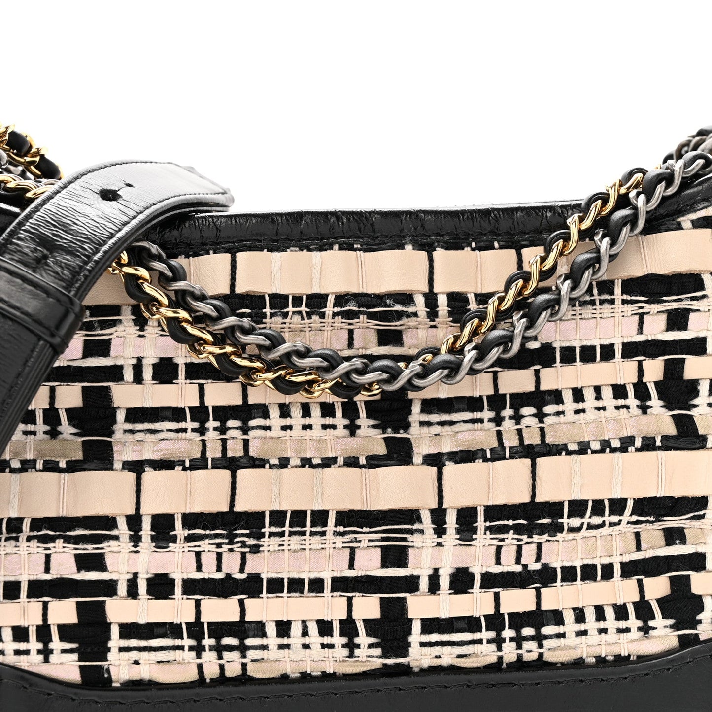 Chanel Tweed Calfskin Calfskin Small Gabrielle Hobo Black Light Beige