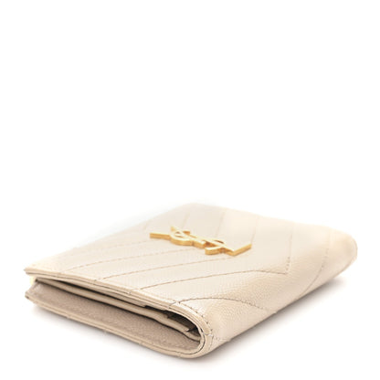 Saint Laurent Grain De Poudre Matelasse Chevron Monogram Zipped Card Case Dark Beige