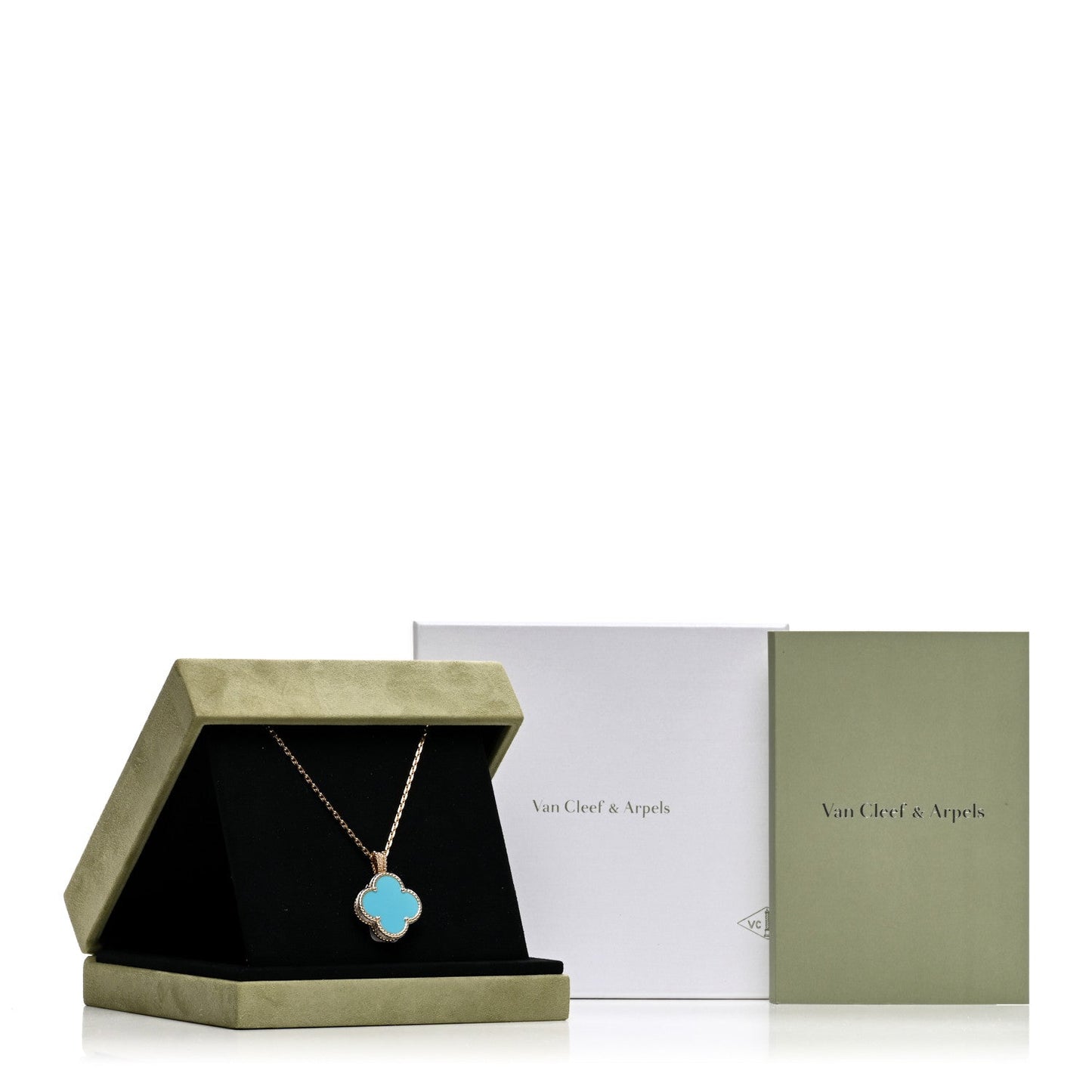 Van Cleef & Arpels 18K Yellow Gold Diamond Turquoise Mother of Pearl 28mm Alhambra Secret Pendant Quartz Watch