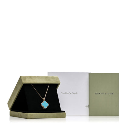 Van Cleef & Arpels 18K Yellow Gold Diamond Turquoise Mother of Pearl 28mm Alhambra Secret Pendant Quartz Watch