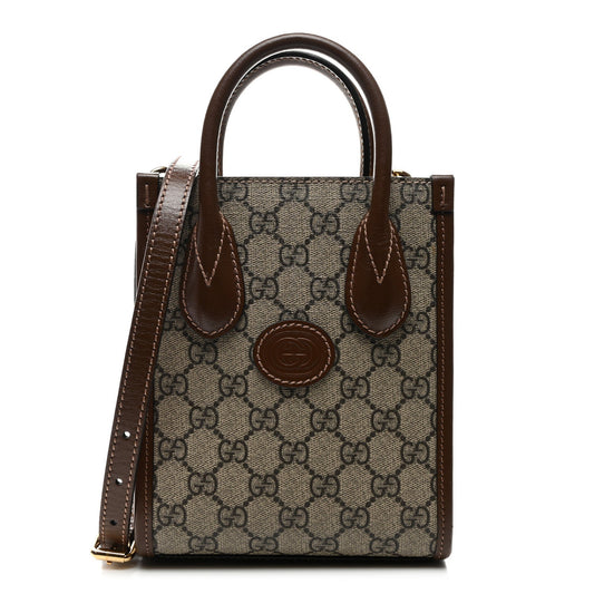 Gucci GG Supreme Monogram Azalea Calfskin Mini Retro Interlocking G Tote Bag Beige Ebony Brown Sugar