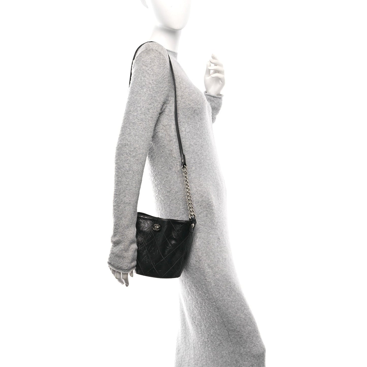 Chanel Crumpled Calfskin Quilted Chain Drawstring Bucket Bag Black