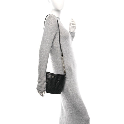 Chanel Crumpled Calfskin Quilted Chain Drawstring Bucket Bag Black