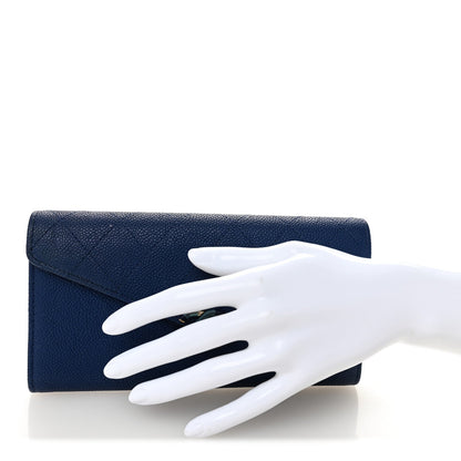 Chanel Caviar Quilted CC Box Gusset Flap Wallet Blue
