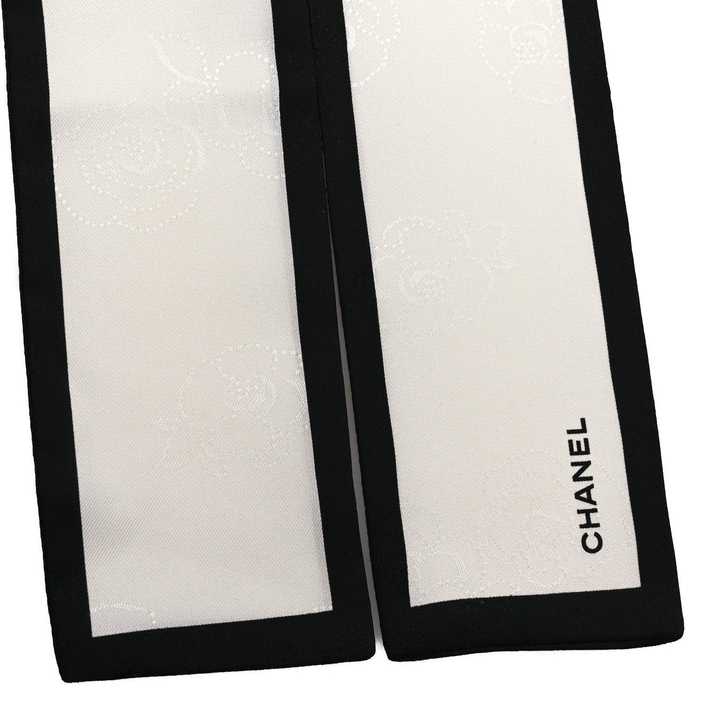 Chanel Silk CC Slim Camellia Bandeau Scarf Ecru Black