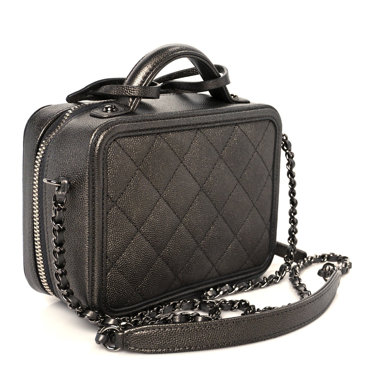 Chanel Metallic Caviar Quilted Small CC Filigree Vanity Case Dark Silver
