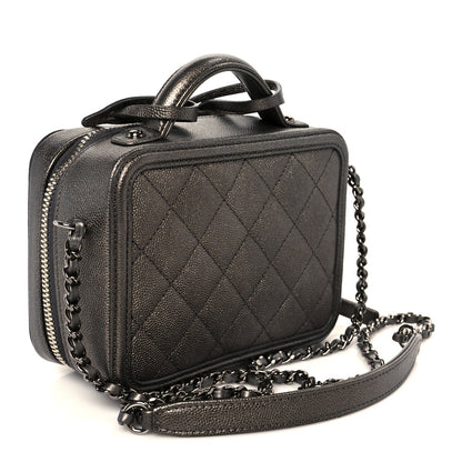Chanel Metallic Caviar Quilted Small CC Filigree Vanity Case Dark Silver