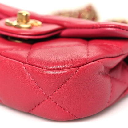 Chanel Calfskin Quilted Lady Handle Flap Card Holder With Chain Dark Pink