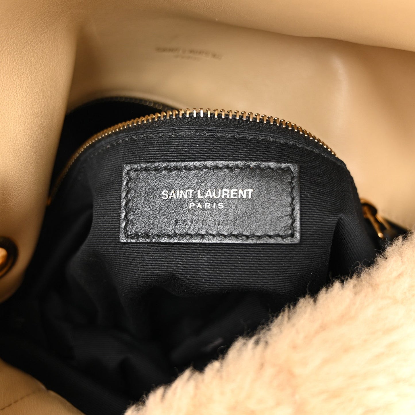 Saint Laurent Merino Shearling Lambskin Quilted Small Loulou Puffer Monogram Chain Satchel Natural Beige