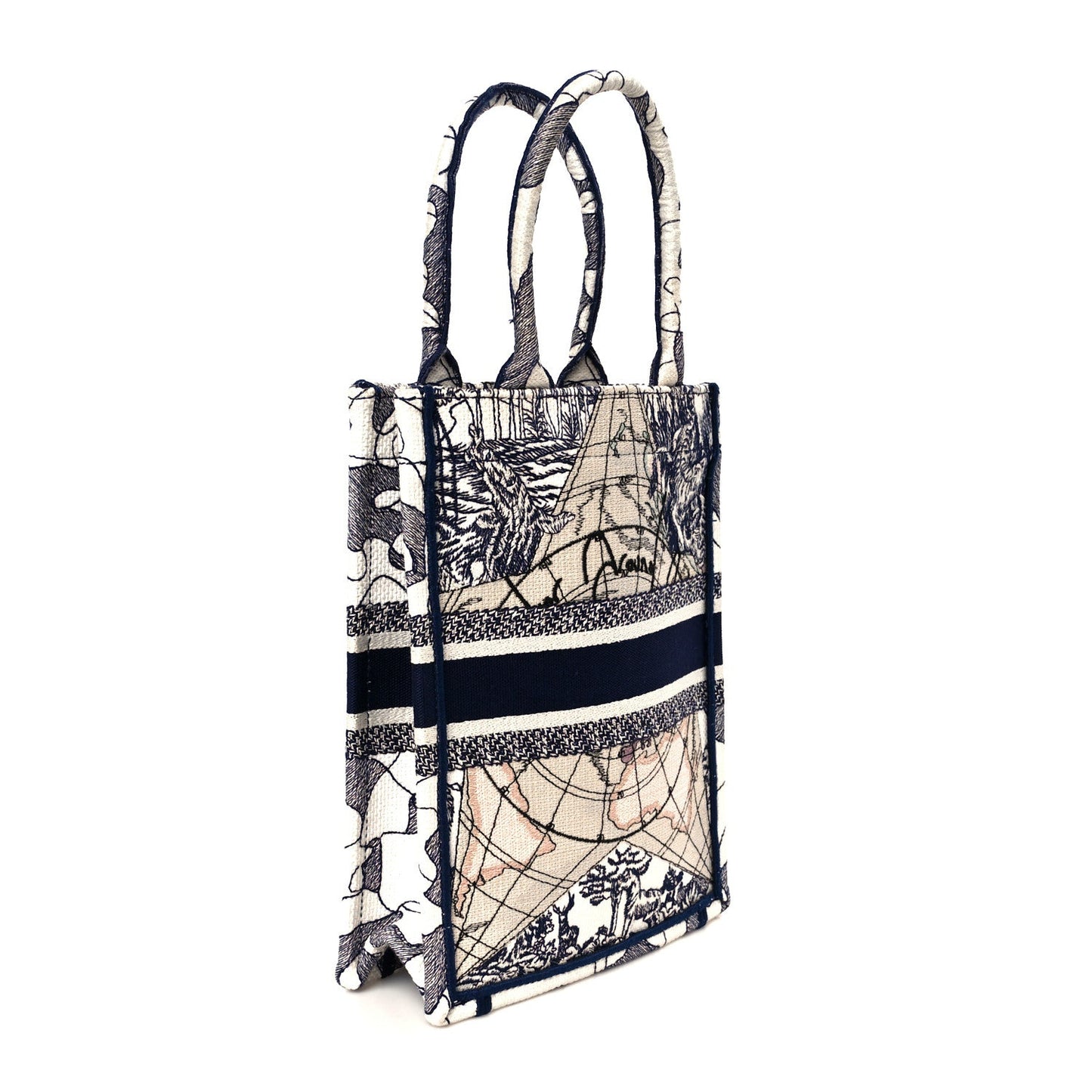Christian Dior Canvas Embroidered Around The World Vertical Book Tote Blue