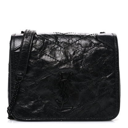 Saint Laurent Crinkled Calfskin Matelasse Monogram Niki Chain Wallet Black