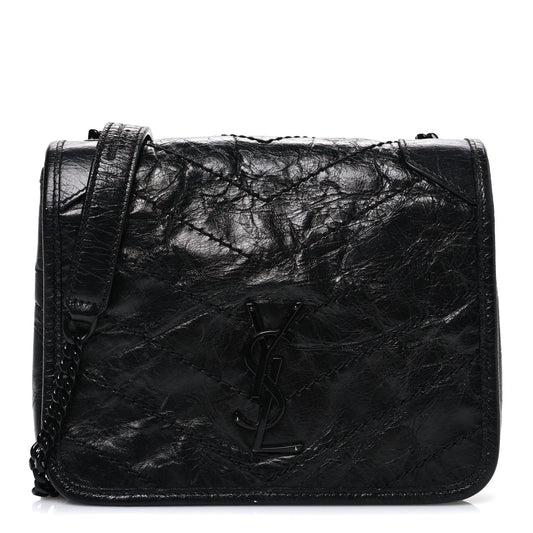 Saint Laurent Crinkled Calfskin Matelasse Monogram Niki Chain Wallet Black