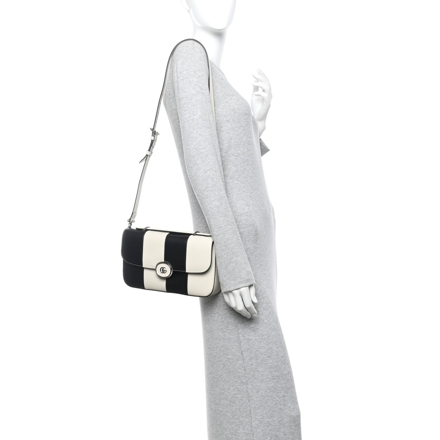 Gucci Senna Calfskin Lines Petite GG Top Handle Shoulder Bag Black Mystic White