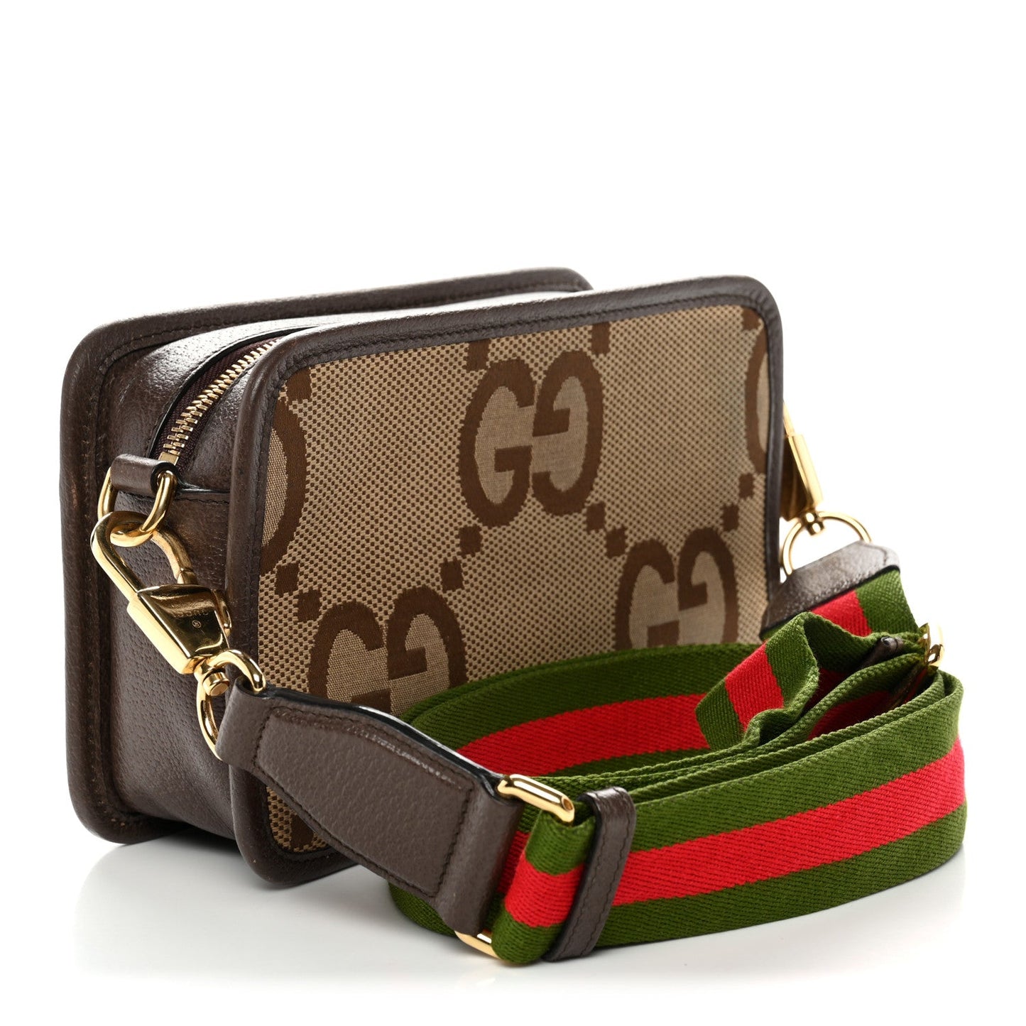 Gucci Monogram Jumbo GG Textured Dollar Calfskin Web Mini Crossbody Bag Camel Ebony New Acero