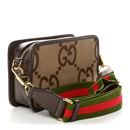 Gucci Monogram Jumbo GG Textured Dollar Calfskin Web Mini Crossbody Bag Camel Ebony New Acero