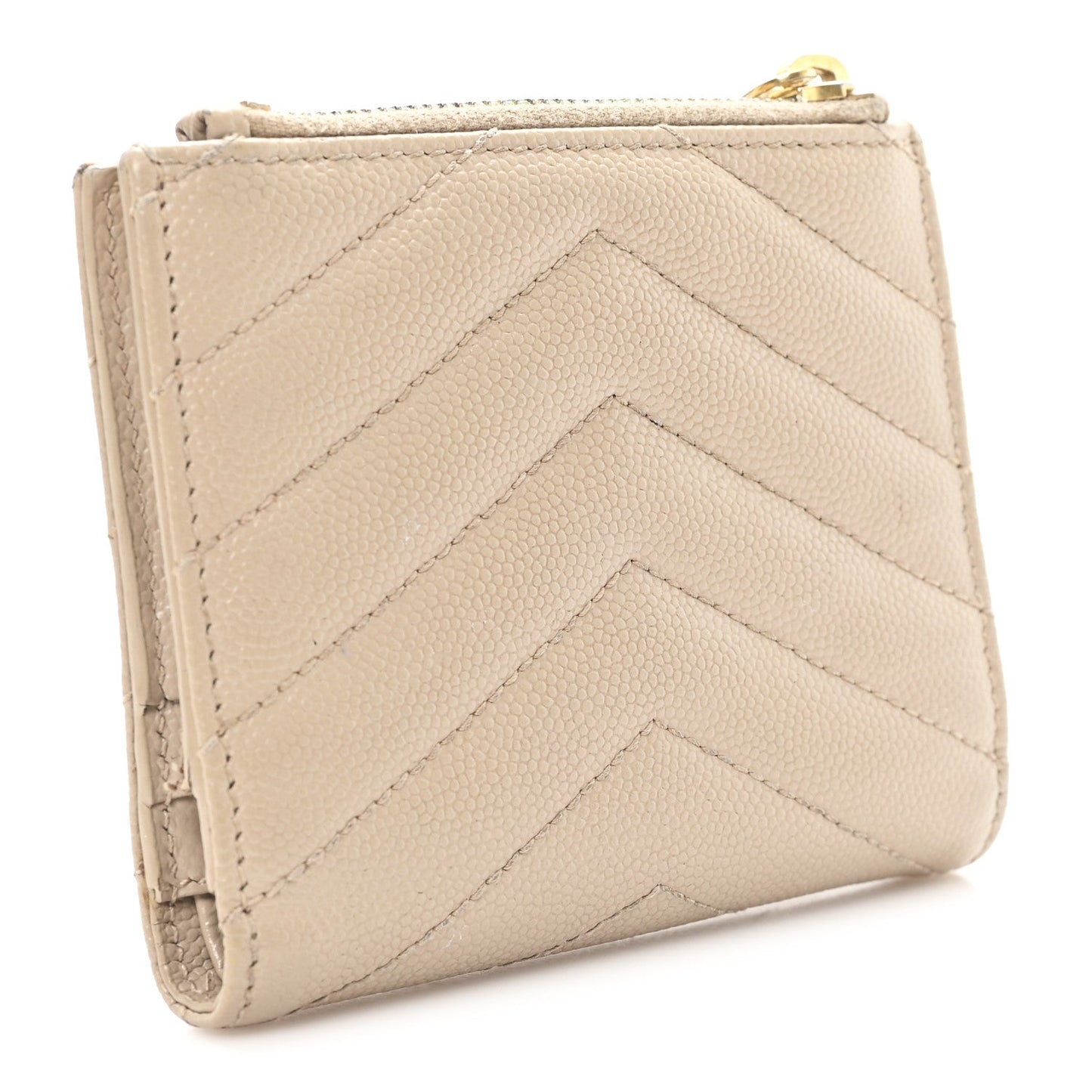 Saint Laurent Grain De Poudre Matelasse Chevron Monogram Zipped Card Case Dark Beige