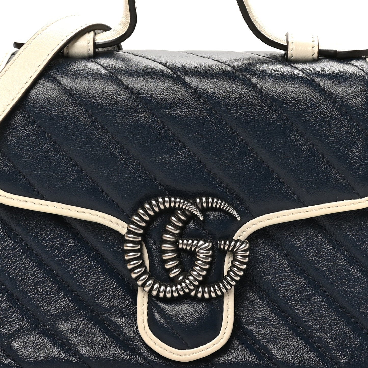 Gucci Vintage Effect Calfskin Matelasse Diagonal Mini Torchon GG Marmont Top Handle Shoulder Bag Blue Agata Mystic White