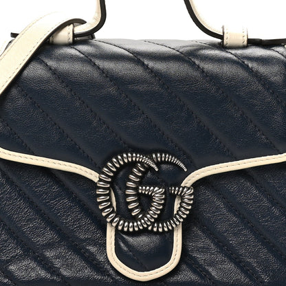 Gucci Vintage Effect Calfskin Matelasse Diagonal Mini Torchon GG Marmont Top Handle Shoulder Bag Blue Agata Mystic White