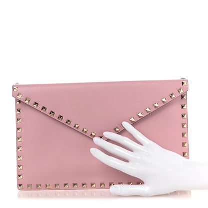 Valentino Garavani Pebbled Calfskin Large Rockstud Envelope Clutch Water Rose