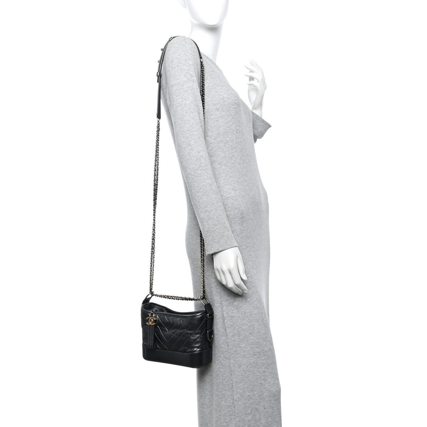 Chanel Metallic Aged Calfskin Chevron Quilted Small Gabrielle Hobo Dark Grey