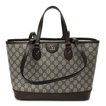 Gucci GG Supreme Monogram Textured Calfskin Small Ophidia Shoulder Tote Bag Beige Ebony New Acero