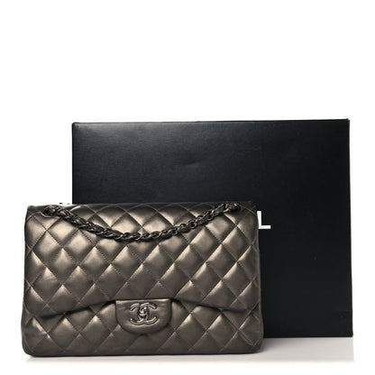 Chanel Metallic Lambskin Quilted Jumbo Double Flap Pewter