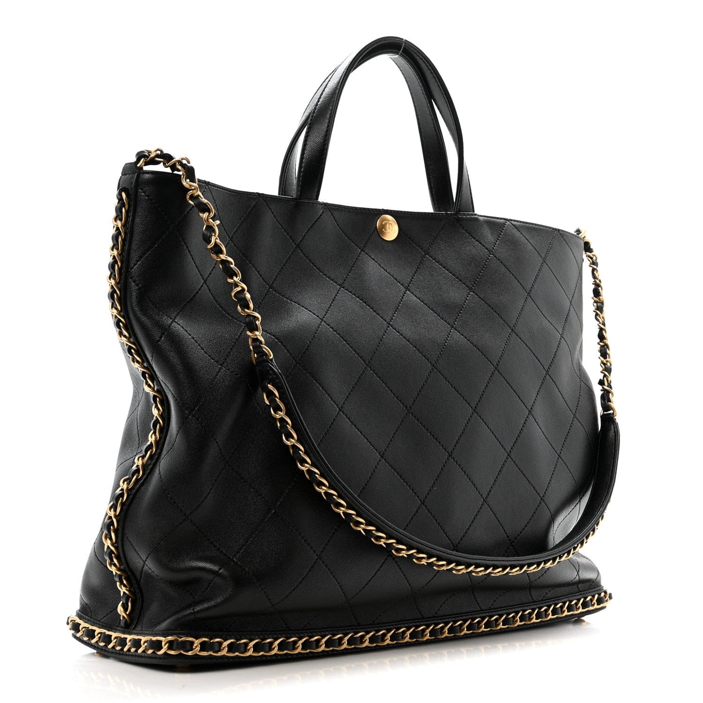 Chanel Shiny Lambskin Quilted Chain Around Shopping Tote Black